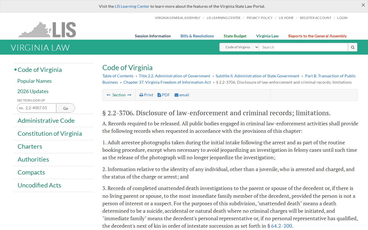 Virginia law governing public access to Chesapeake arrest records