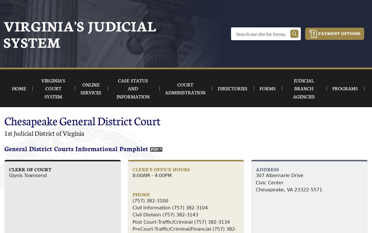 Chesapeake criminal court records on the General District Court contact page