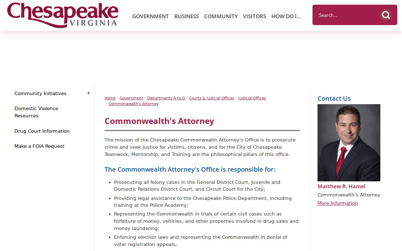 Chesapeake criminal court prosecutor services on the official city page