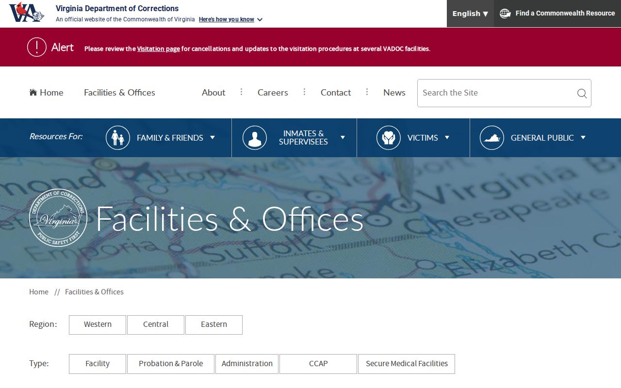 VADOC office directory showing Chesapeake Probation and Parole District 31