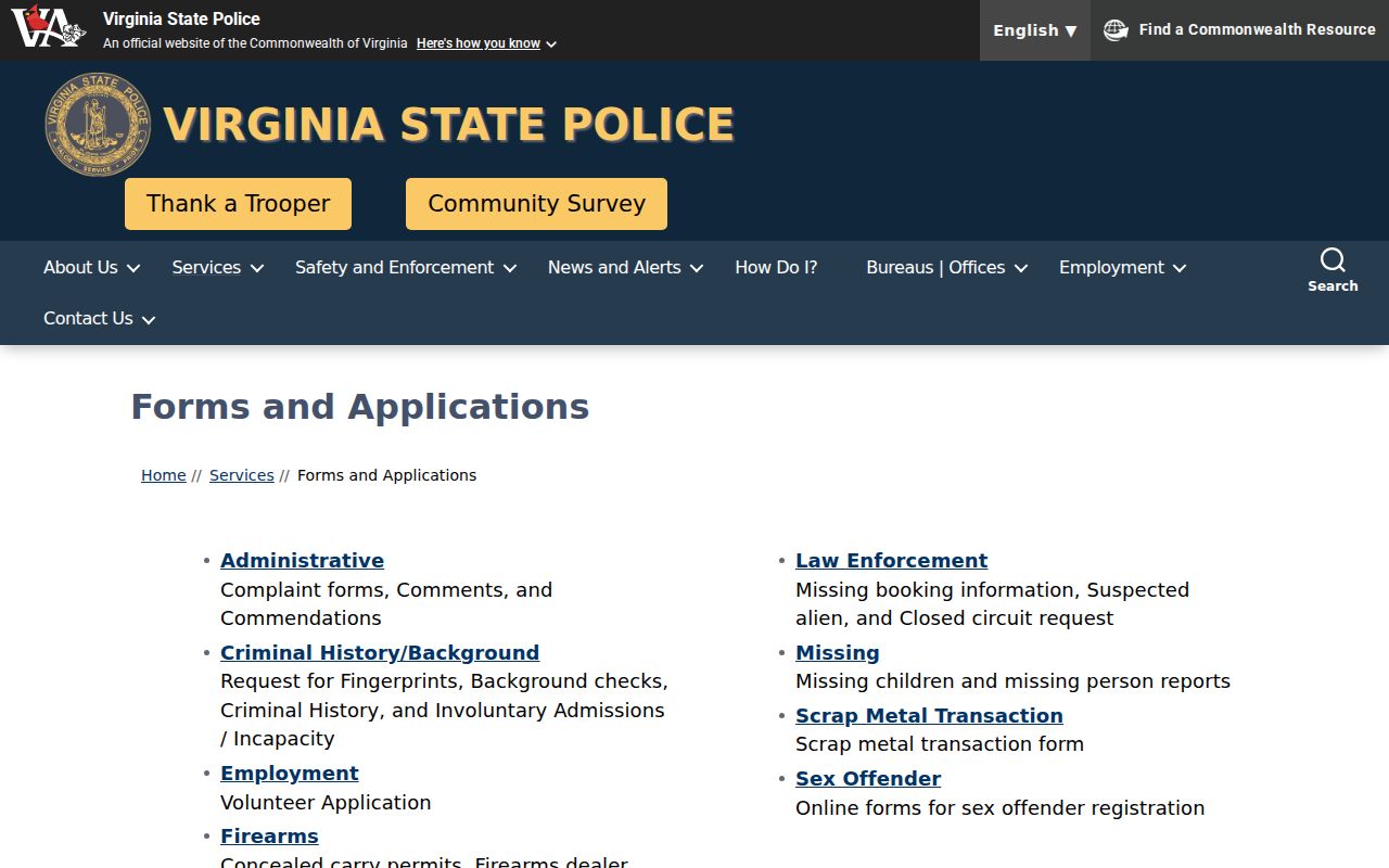 Virginia State Police forms page for criminal history and fingerprint requests
