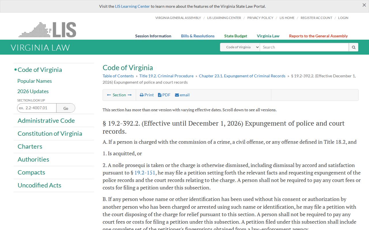 Virginia expungement statute used for qualifying Chesapeake criminal records