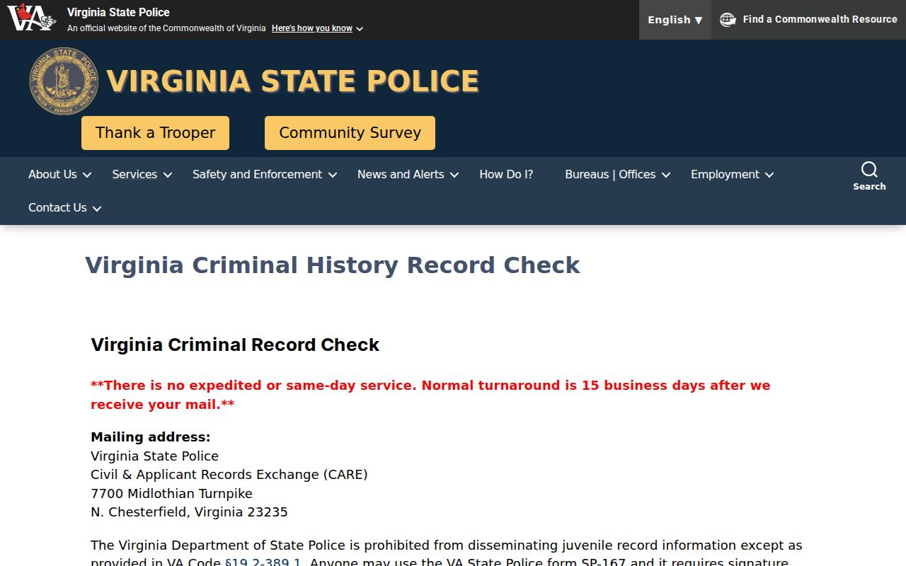 Virginia State Police official criminal record check instructions for Chesapeake residents