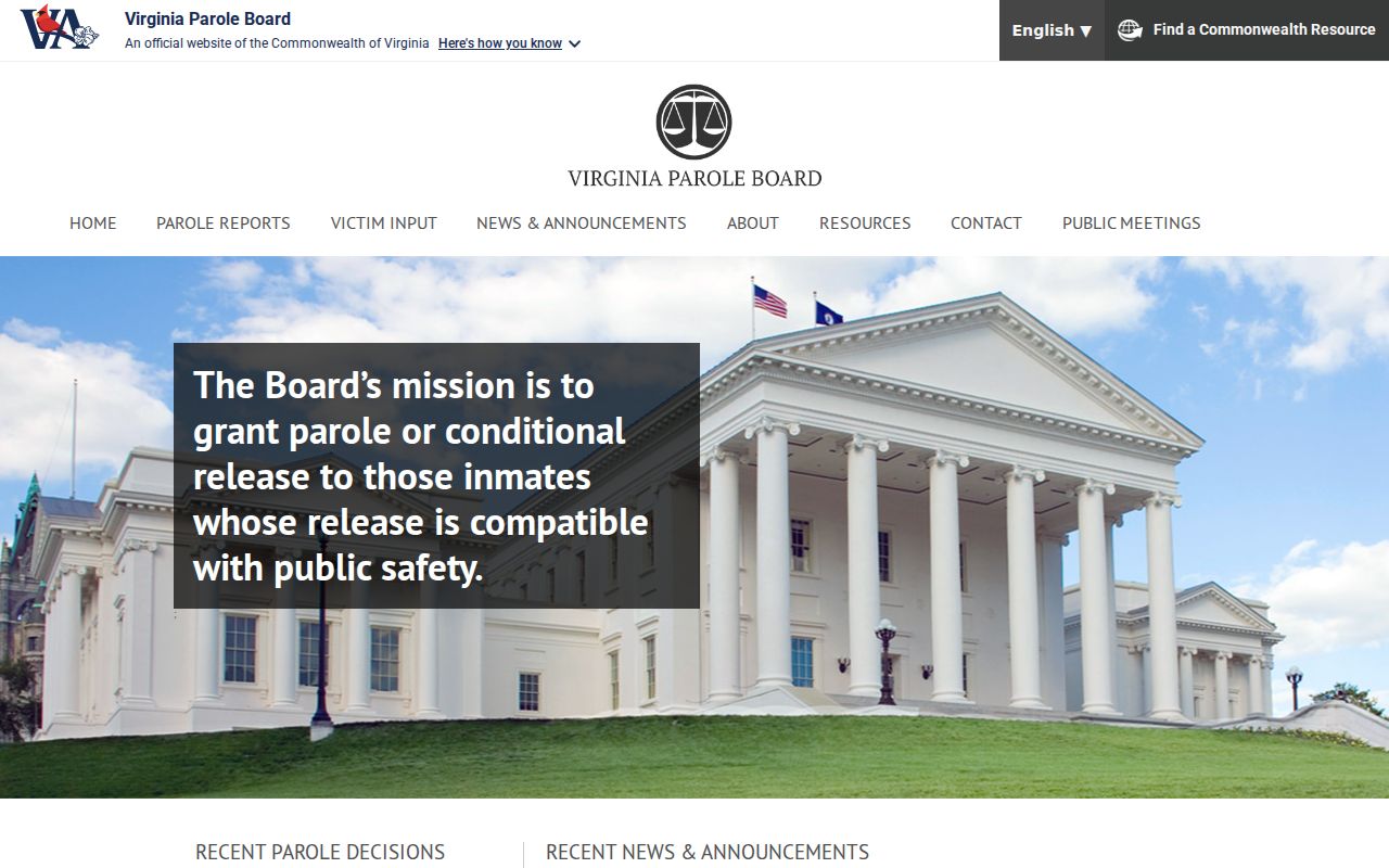 Virginia Parole Board official page relevant to Chesapeake parole records