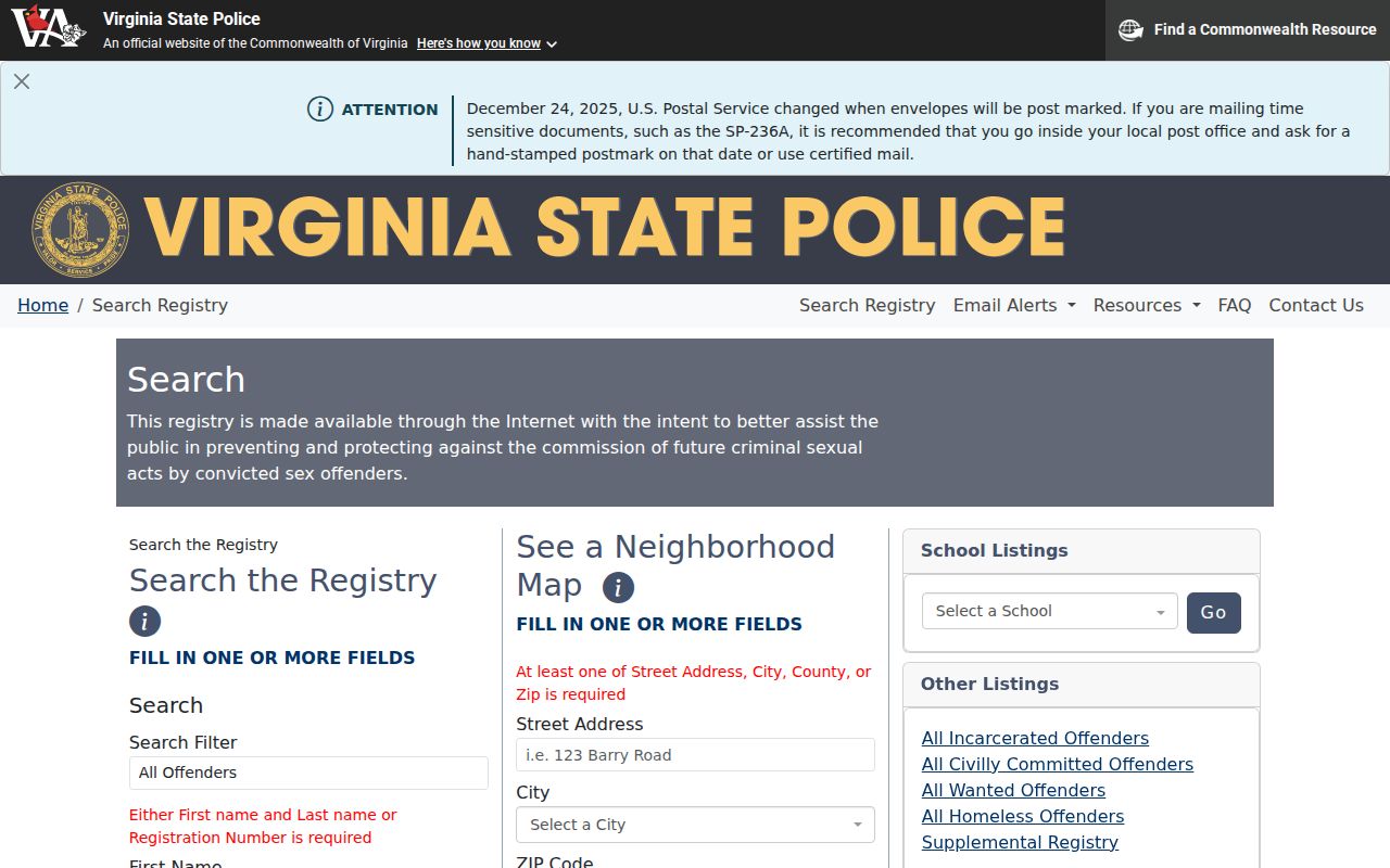 Chesapeake sex offender search controls on the Virginia registry
